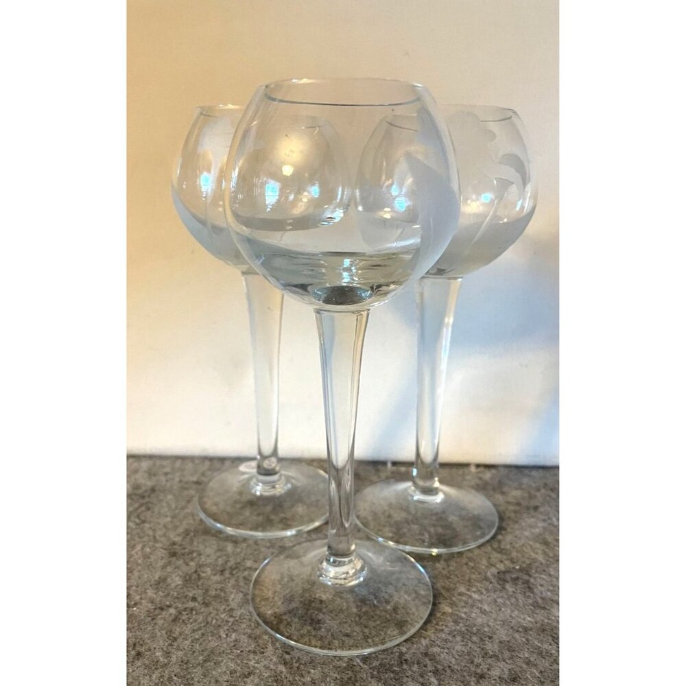 3 Hollywood Regency 6" Floral Etched Liquor Stemware # 2550